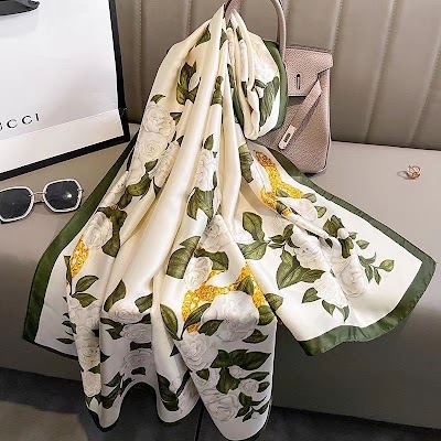 Khăn Choàng Lá Xanh Hoa Trắng Lụa Satin | Phụ Kiện Mê Áo Dài
