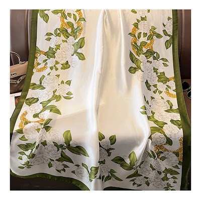 Khăn Choàng Lá Xanh Hoa Trắng Lụa Satin | Phụ Kiện Mê Áo Dài