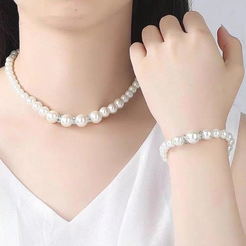 Trang sức cưới phụ nữ bộ đầy đủ: bông tai và vòng cổ ngọc trai thời trang - ảnh chi tiết 4