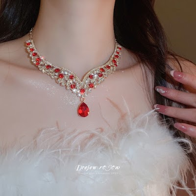 Bộ Dây Chuyền Hình Giọt Nước To Đính Đá Đỏ | Trang Sức Mê Áo Dài