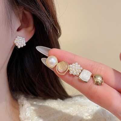 Bộ trang sức gồm 12 mảnh ngọc trai nhân tạo, thiết kế hình học, phong cách thời trang nữ
