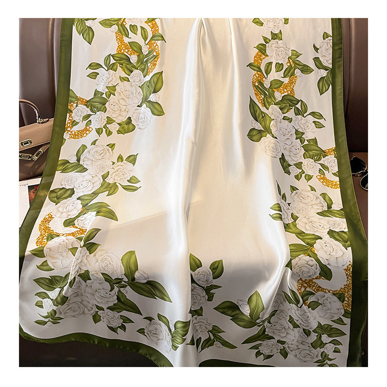 Khăn Choàng Lá Xanh Hoa Trắng Lụa Satin | Phụ Kiện Mê Áo Dài - ảnh chi tiết 2