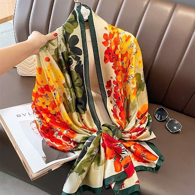 Khăn Choàng Lá Xanh Hoa Trắng Lụa Satin | Phụ Kiện Mê Áo Dài