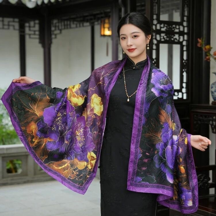 Khăn Choàng Cao Cấp Màu Tím Lụa Mềm | Phụ Kiện Phối Mê Áo Dài - ảnh chi tiết 6