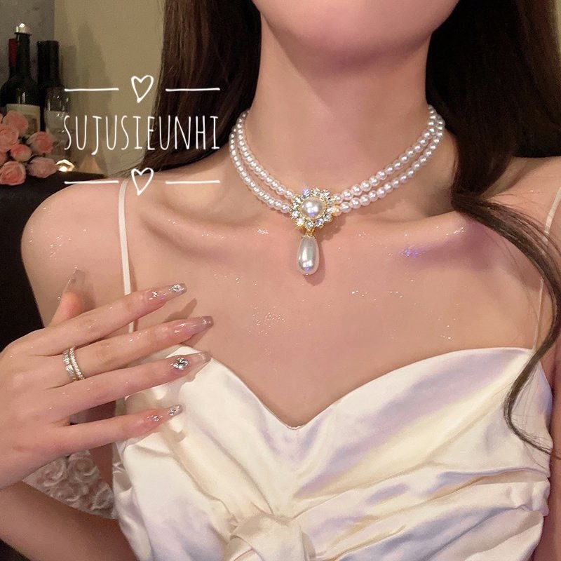 Vòng Cổ Choker Ngọc 2 Tầng Gắn Hoa | Phong Cách Châu Âu Sang Chảnh  | mặc áo dài đẹp
