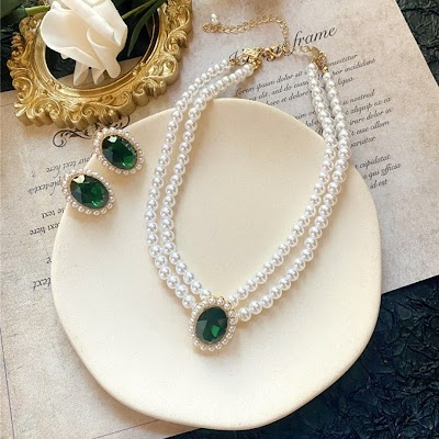 Bộ Trang Sức Ngọc Trai & Ren Ngọc Lục Bảo | Phụ Kiện Áo Dài Sang Trọng