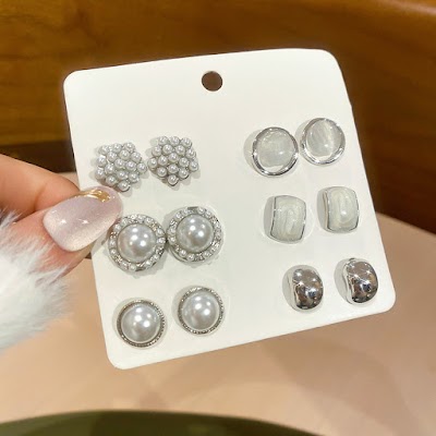 Bộ trang sức gồm 12 mảnh ngọc trai nhân tạo, thiết kế hình học, phong cách thời trang nữ