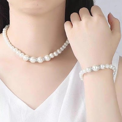 Trang sức cưới phụ nữ bộ đầy đủ: bông tai và vòng cổ ngọc trai thời trang
