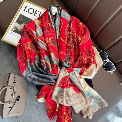 Khăn Choàng Lá Xanh Hoa Trắng Lụa Satin | Phụ Kiện Mê Áo Dài