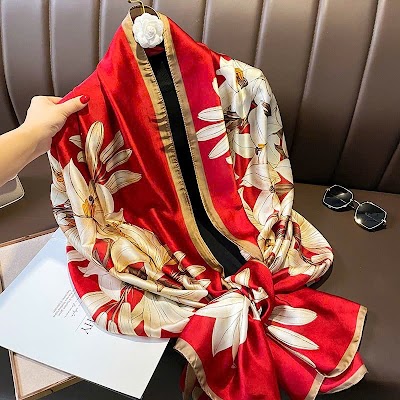 Khăn Choàng Lá Xanh Hoa Trắng Lụa Satin | Phụ Kiện Mê Áo Dài