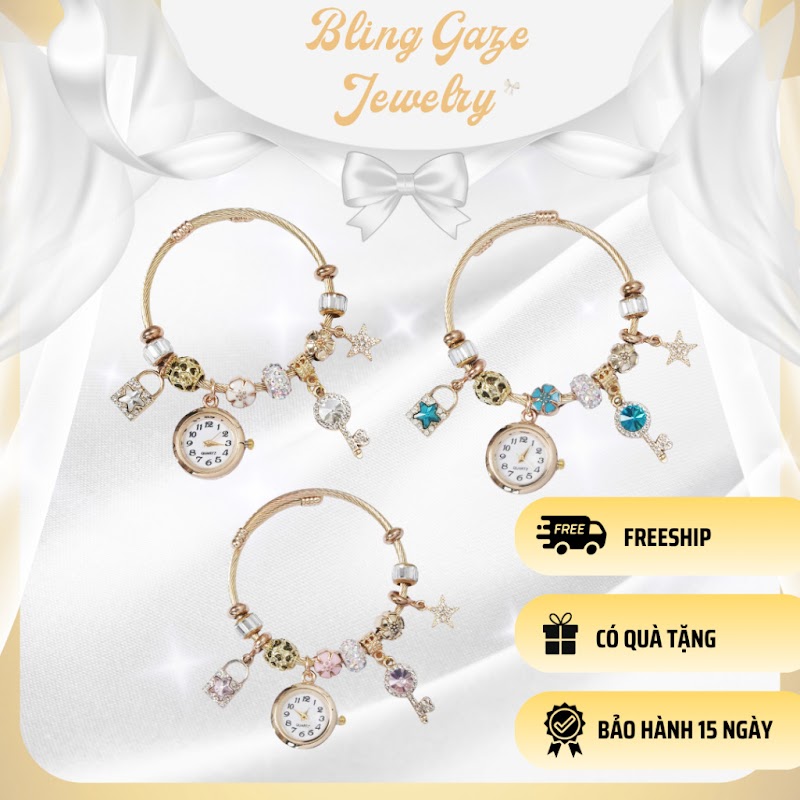 Lắc Tay Đồng Hồ Vàng Charm Vỏ Sò & Đá CZ | Chống Nước Cao Cấp