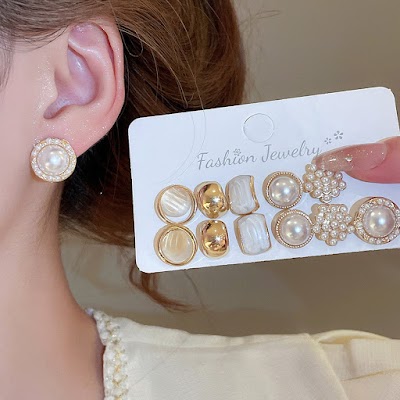 Bộ trang sức gồm 12 mảnh ngọc trai nhân tạo, thiết kế hình học, phong cách thời trang nữ
